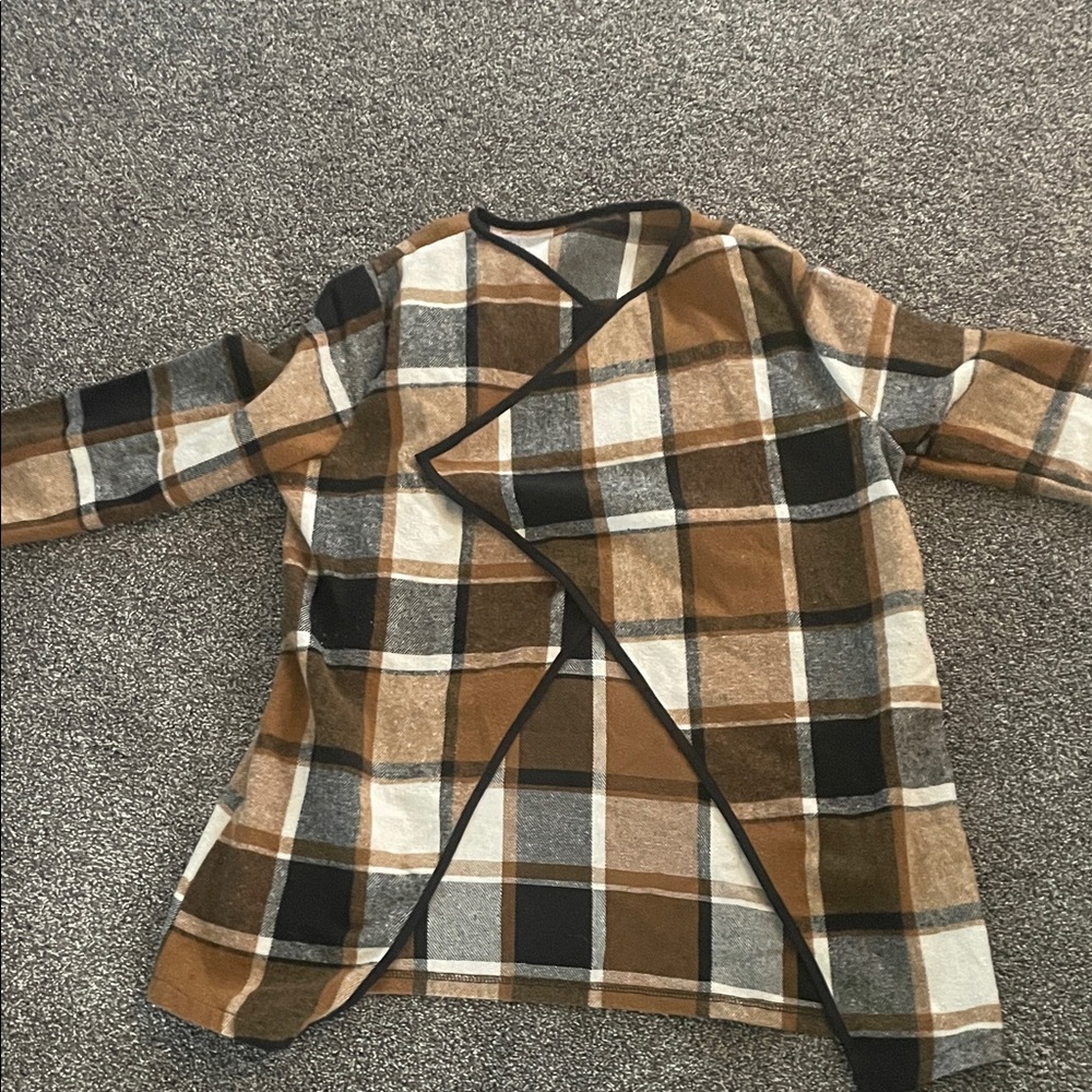 Plaid Open Front Cardigan - Brown and Black